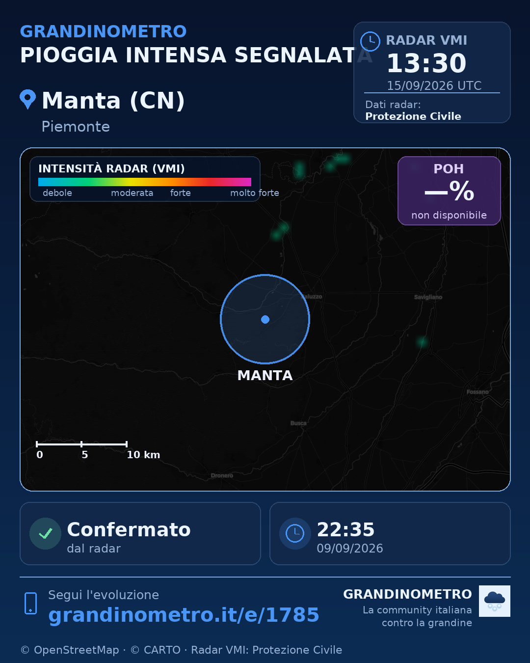 Mappa dell'evento: pioggia intensa a Manta (CN)
