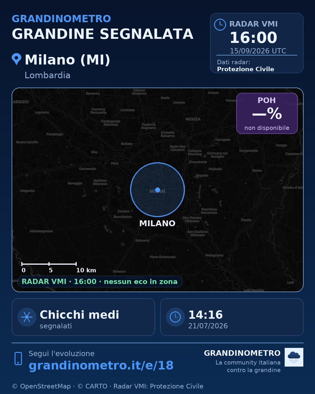 Mappa dell'evento: grandine a Milano (MI)