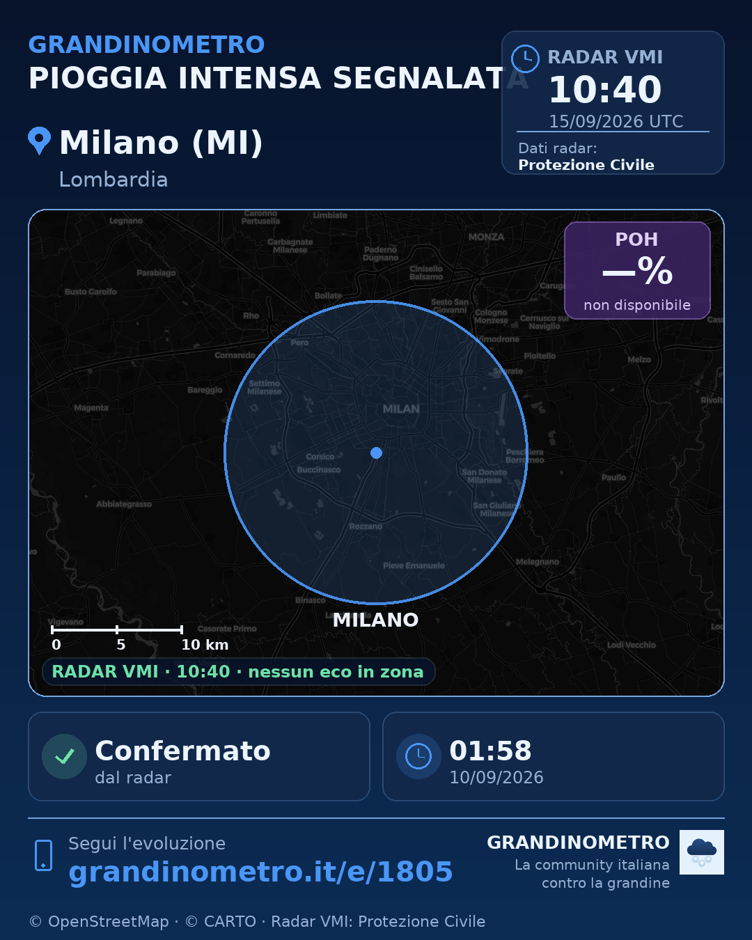 Mappa dell'evento: pioggia intensa a Milano (MI)