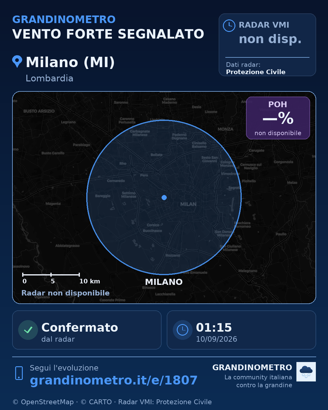 Mappa dell'evento: vento forte a Milano (MI)