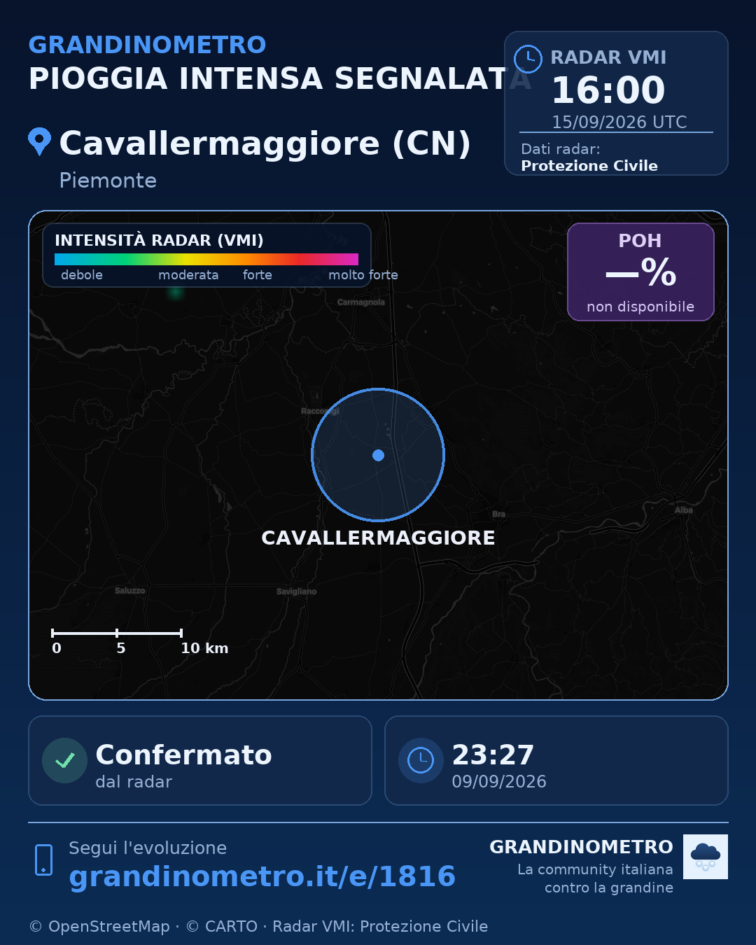 Mappa dell'evento: pioggia intensa a Cavallermaggiore (CN)