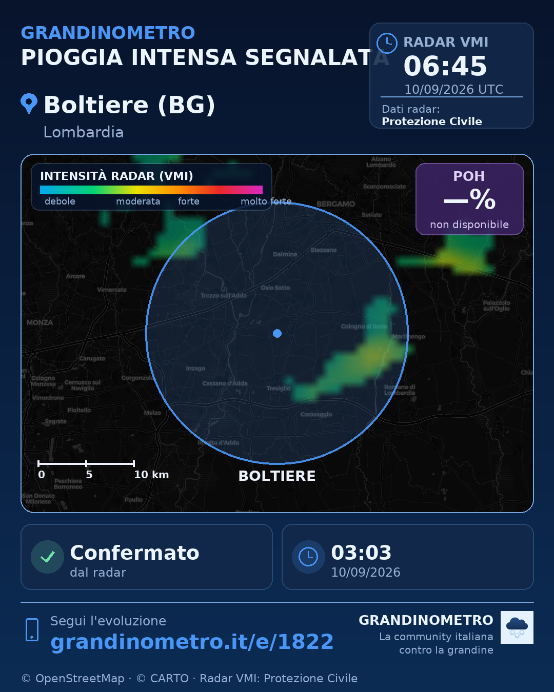 Mappa dell'evento: pioggia intensa a Boltiere (BG)