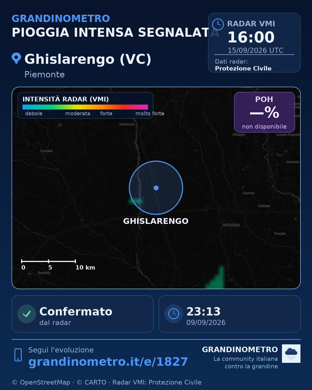 Mappa dell'evento: pioggia intensa a Ghislarengo (VC)