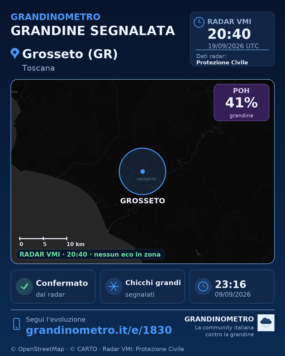 Mappa dell'evento: grandine a Grosseto (GR)