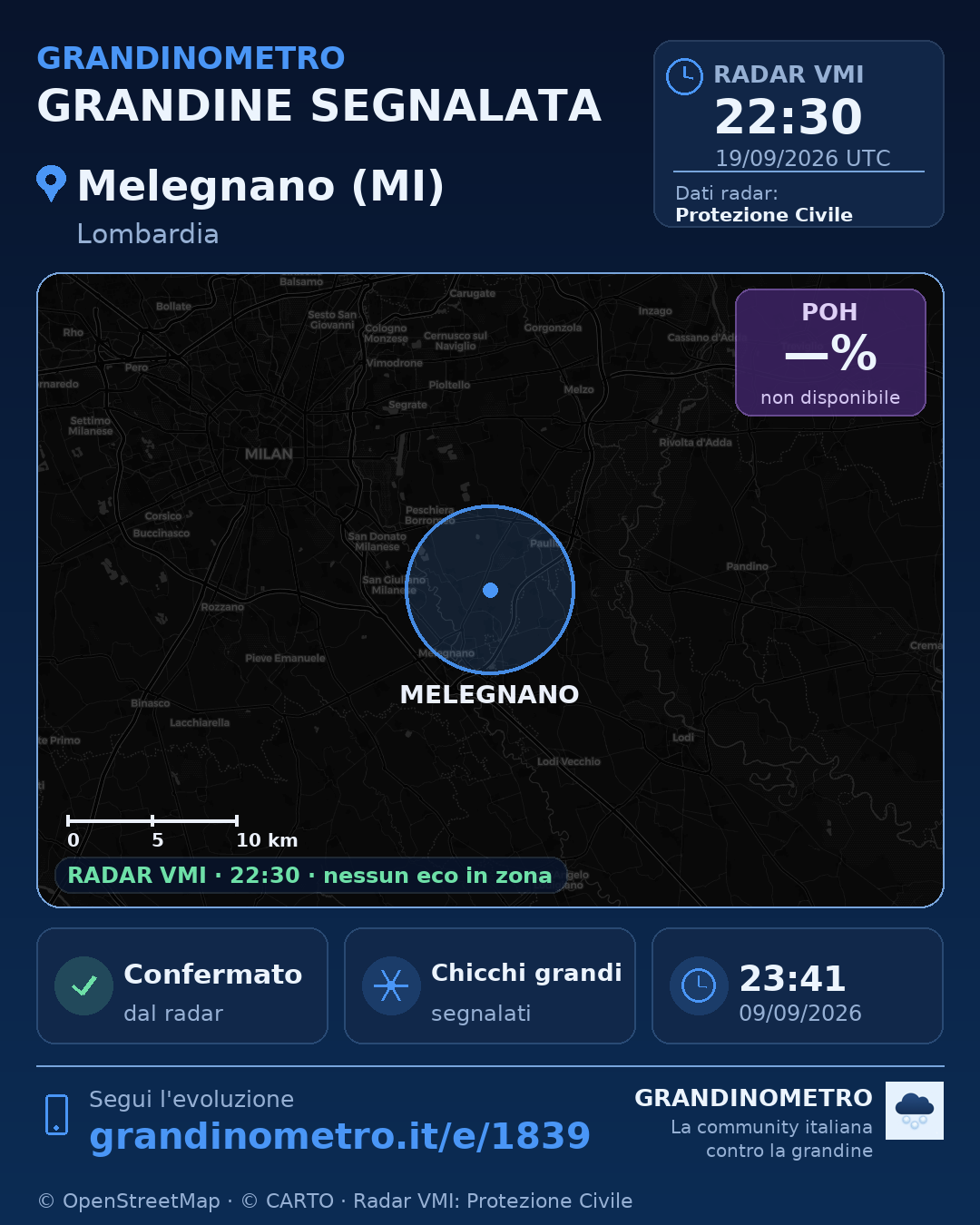 Mappa dell'evento: grandine a Melegnano (MI)