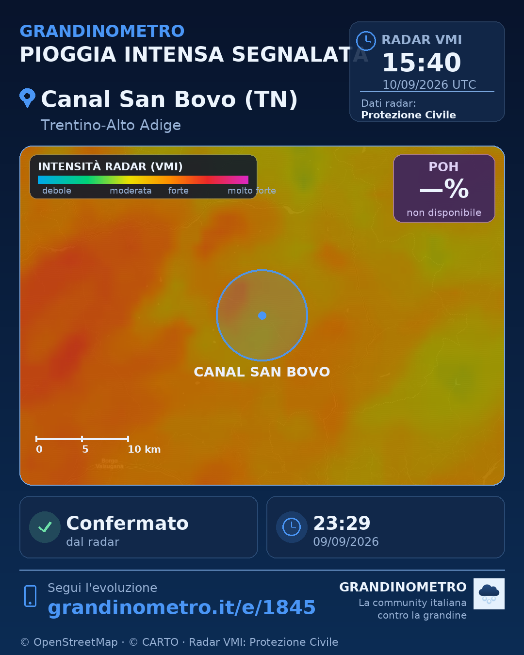 Mappa dell'evento: pioggia intensa a Canal San Bovo (TN)