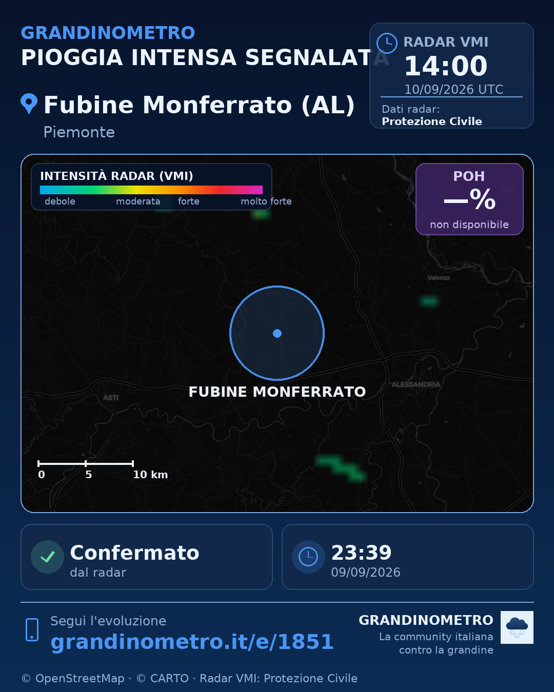 Mappa dell'evento: pioggia intensa a Fubine Monferrato (AL)
