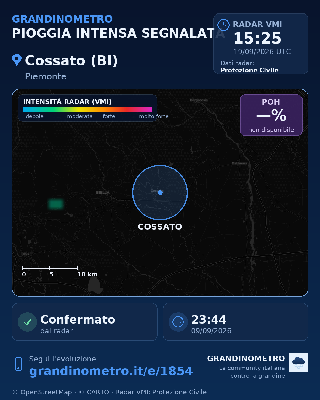 Mappa dell'evento: pioggia intensa a Cossato (BI)