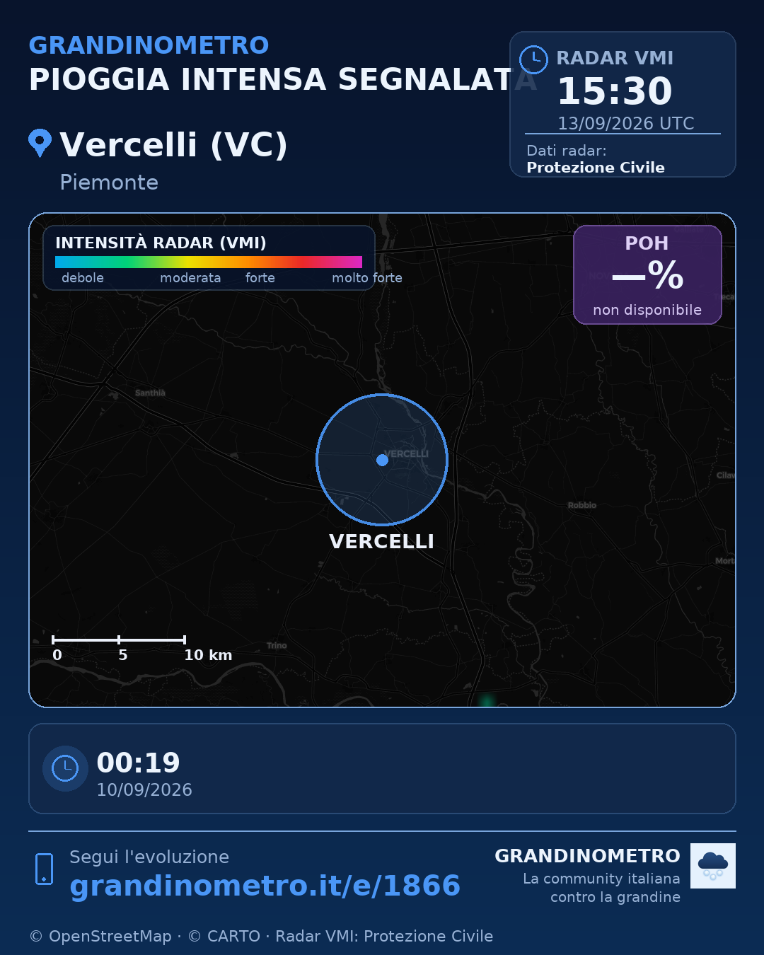 Mappa dell'evento: pioggia intensa a Vercelli (VC)