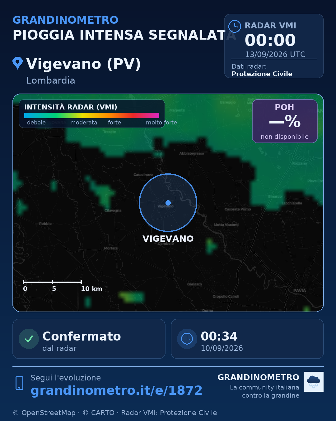 Mappa dell'evento: pioggia intensa a Vigevano (PV)