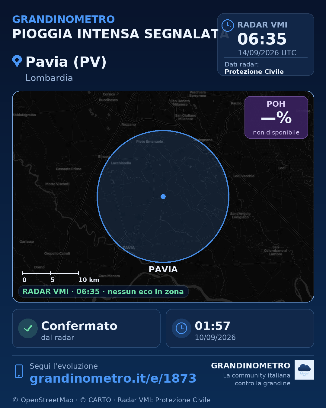 Mappa dell'evento: pioggia intensa a Pavia (PV)