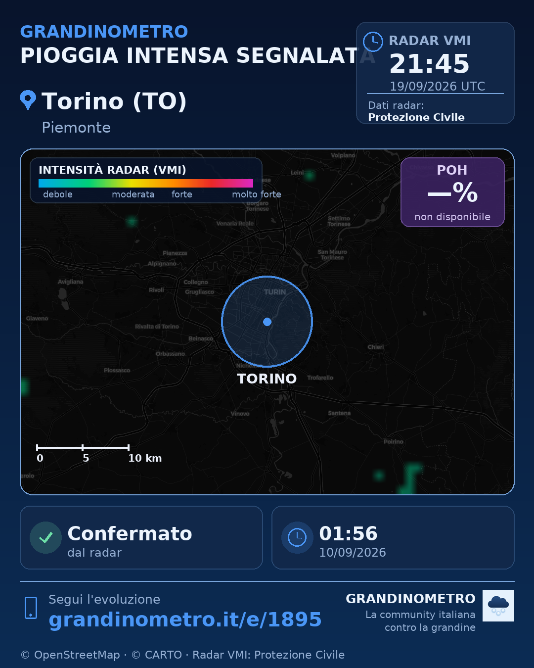 Mappa dell'evento: pioggia intensa a Torino (TO)