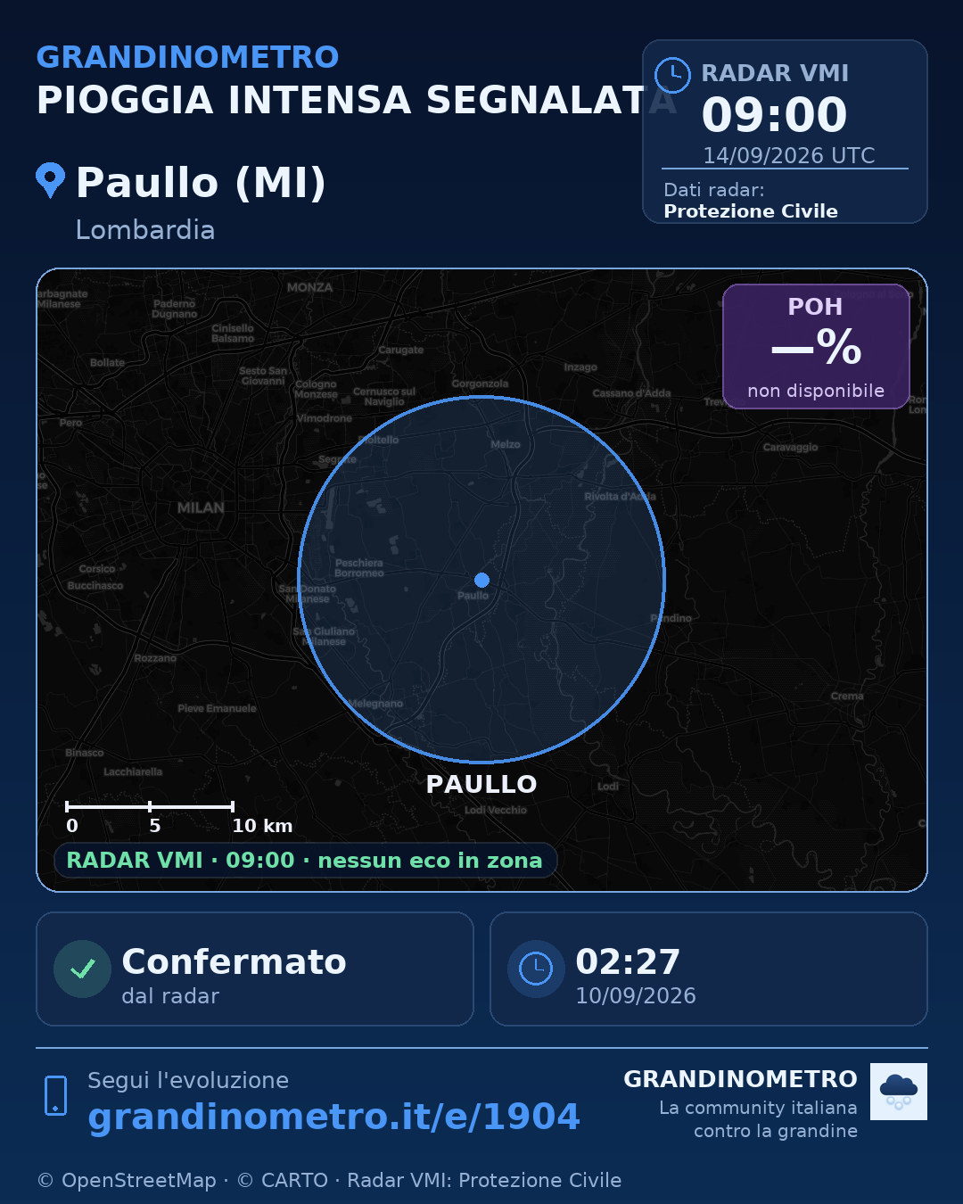 Mappa dell'evento: pioggia intensa a Paullo (MI)