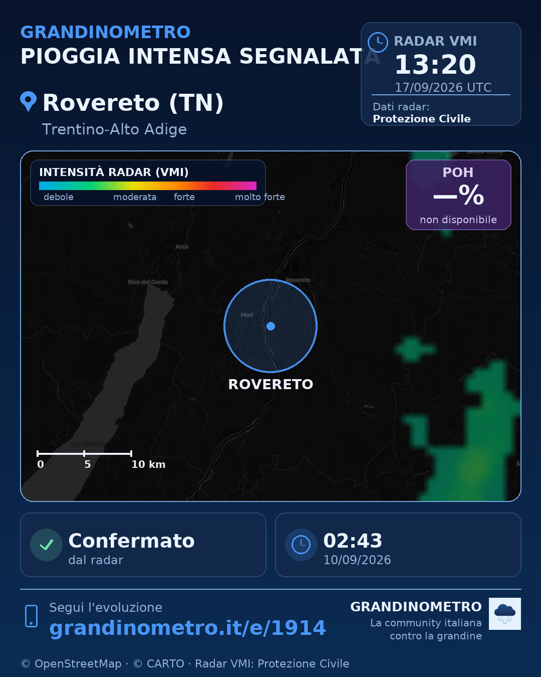 Mappa dell'evento: pioggia intensa a Rovereto (TN)
