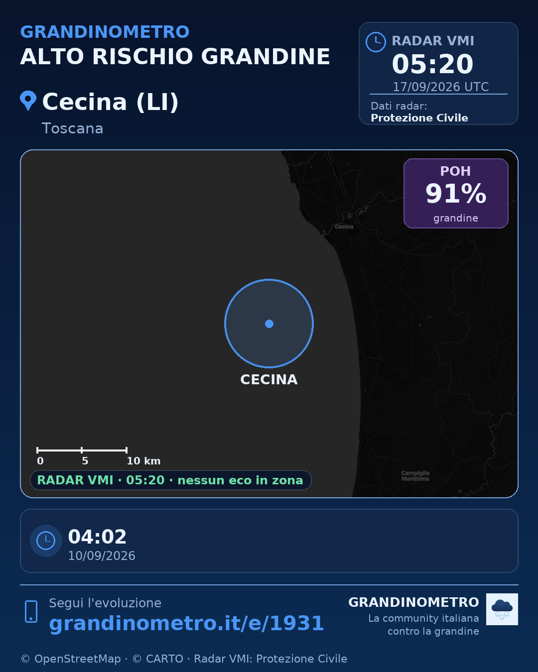 Mappa dell'evento: grandine a Cecina (LI)