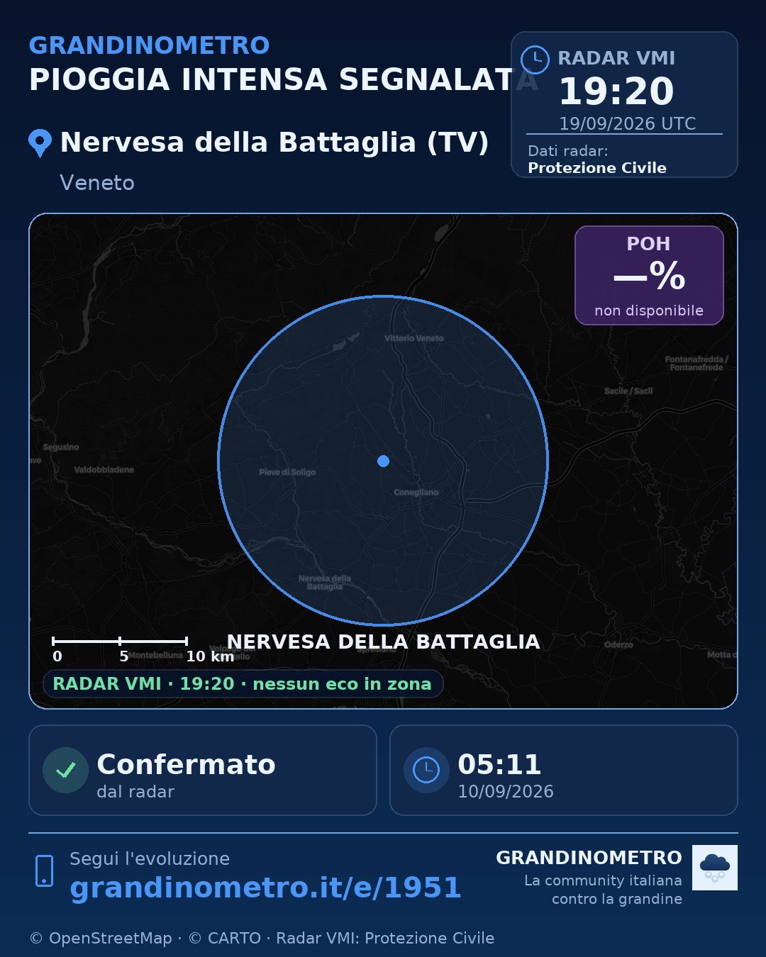 Mappa dell'evento: pioggia intensa a Nervesa della Battaglia (TV)