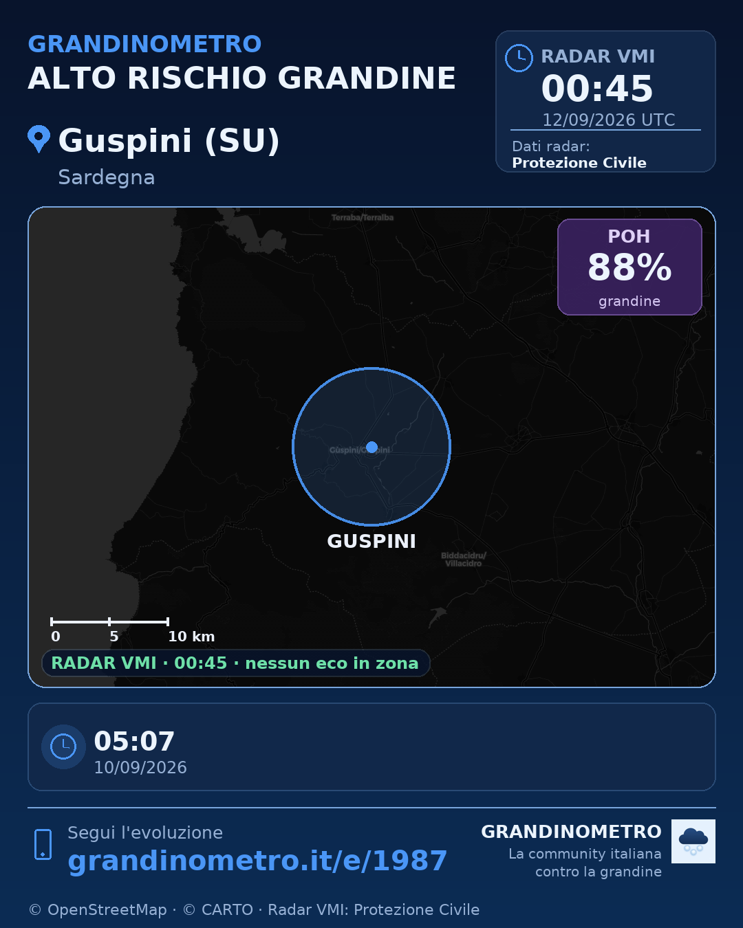 Mappa dell'evento: grandine a Guspini (SU)