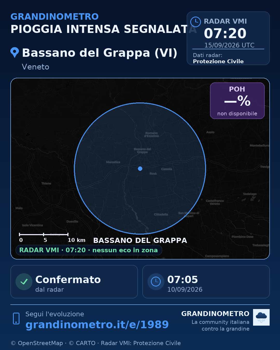 Mappa dell'evento: pioggia intensa a Bassano del Grappa (VI)