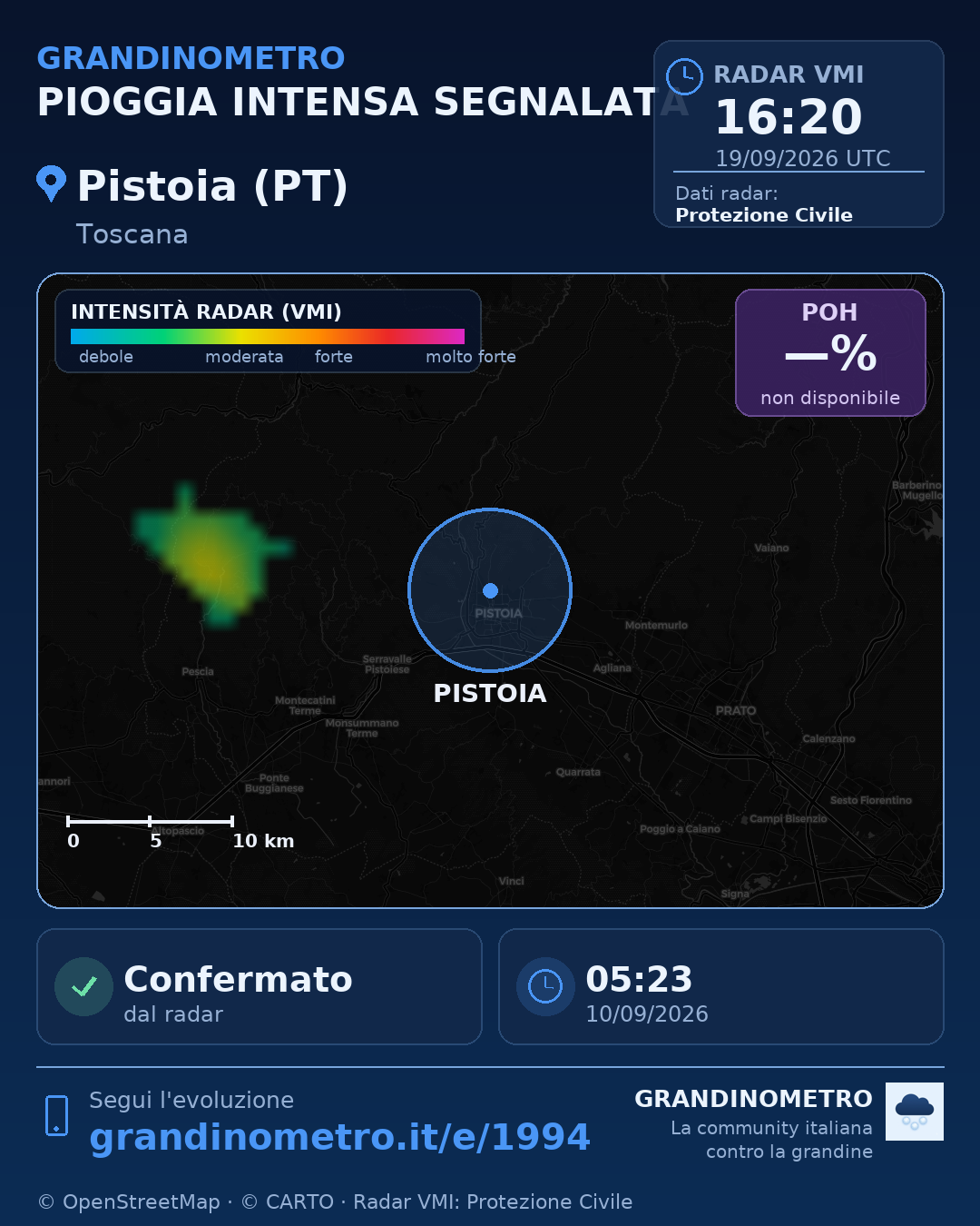 Mappa dell'evento: pioggia intensa a Pistoia (PT)
