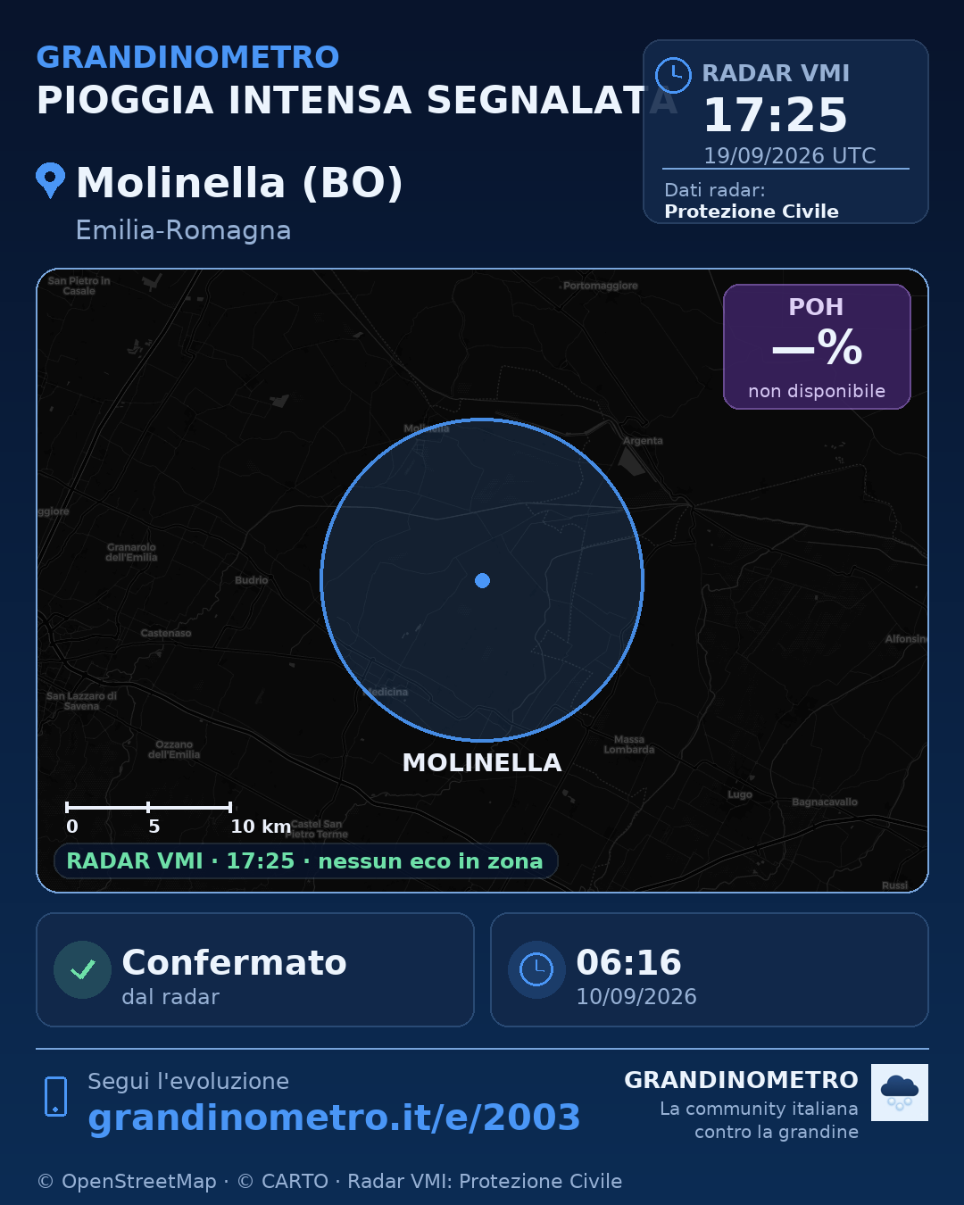Mappa dell'evento: pioggia intensa a Molinella (BO)