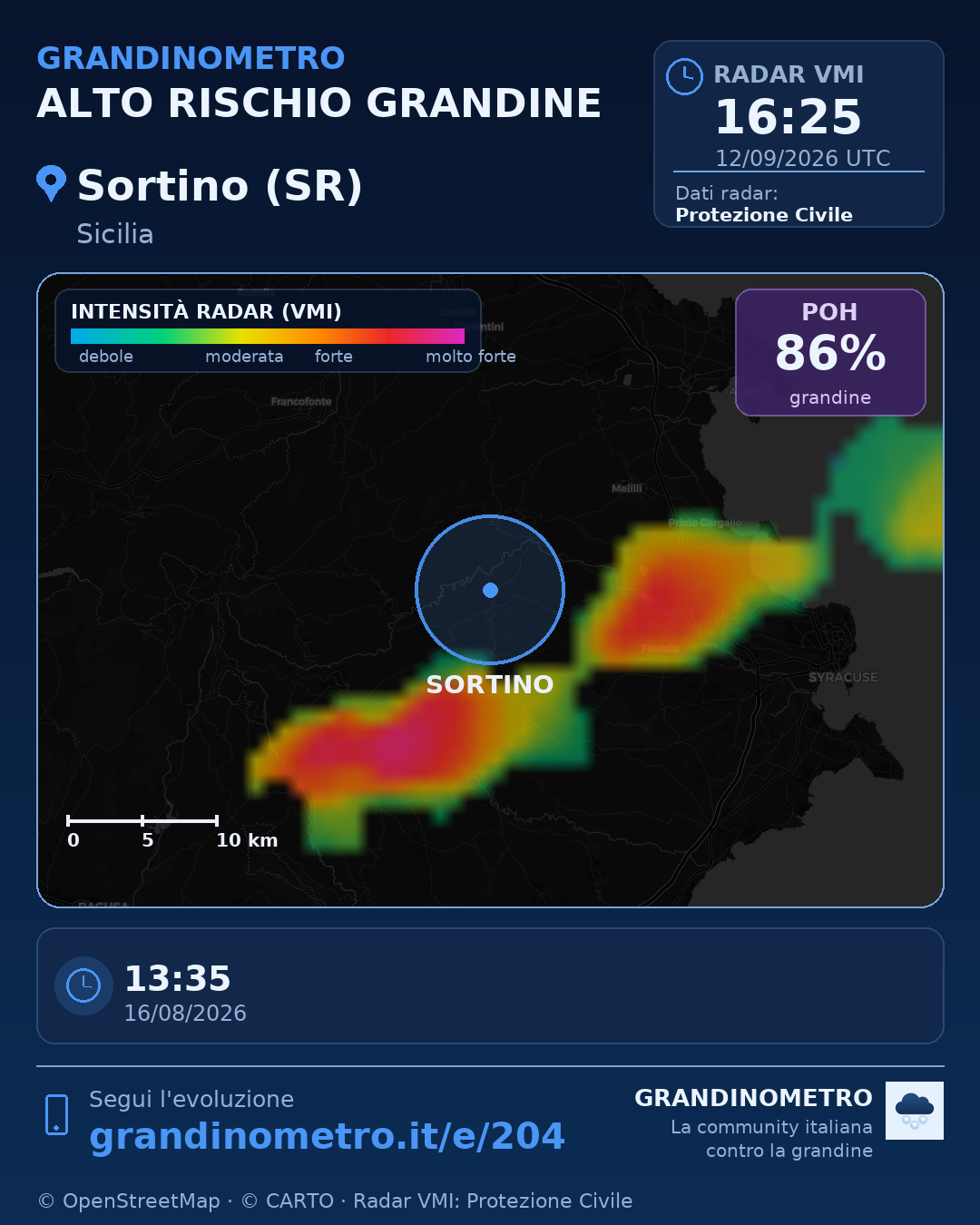 Mappa dell'evento: grandine a Sortino (SR)