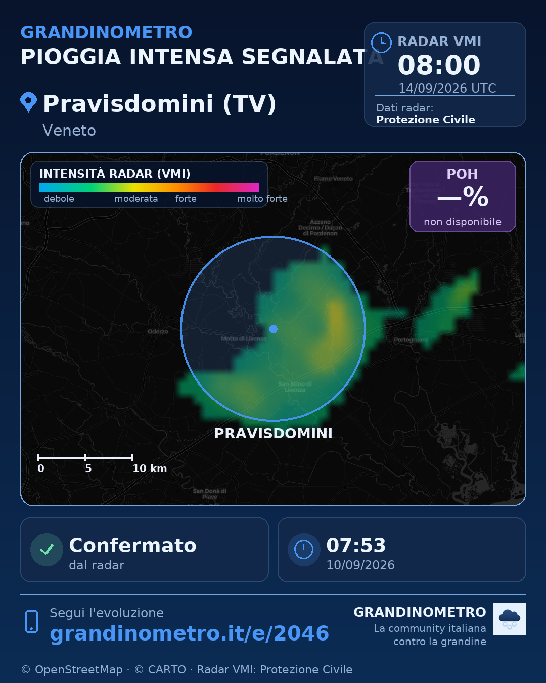 Mappa dell'evento: pioggia intensa a Pravisdomini (TV)
