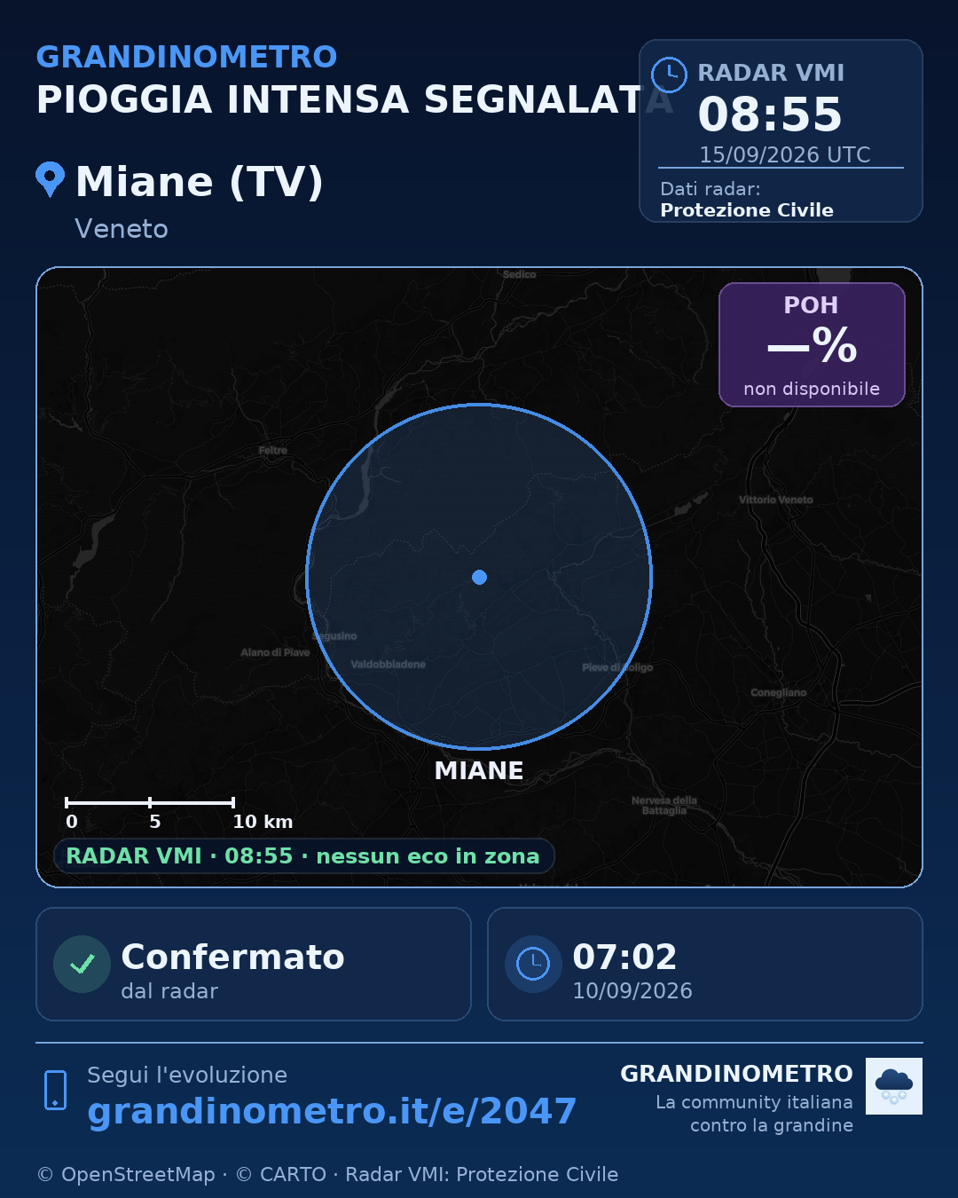 Mappa dell'evento: pioggia intensa a Miane (TV)