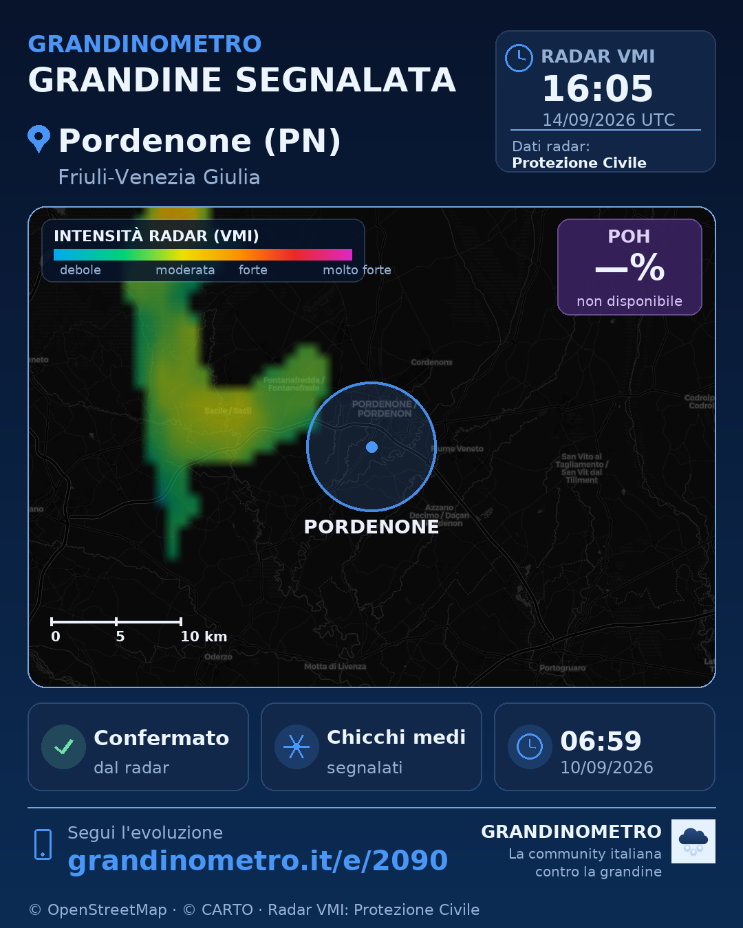 Mappa dell'evento: grandine a Pordenone (PN)