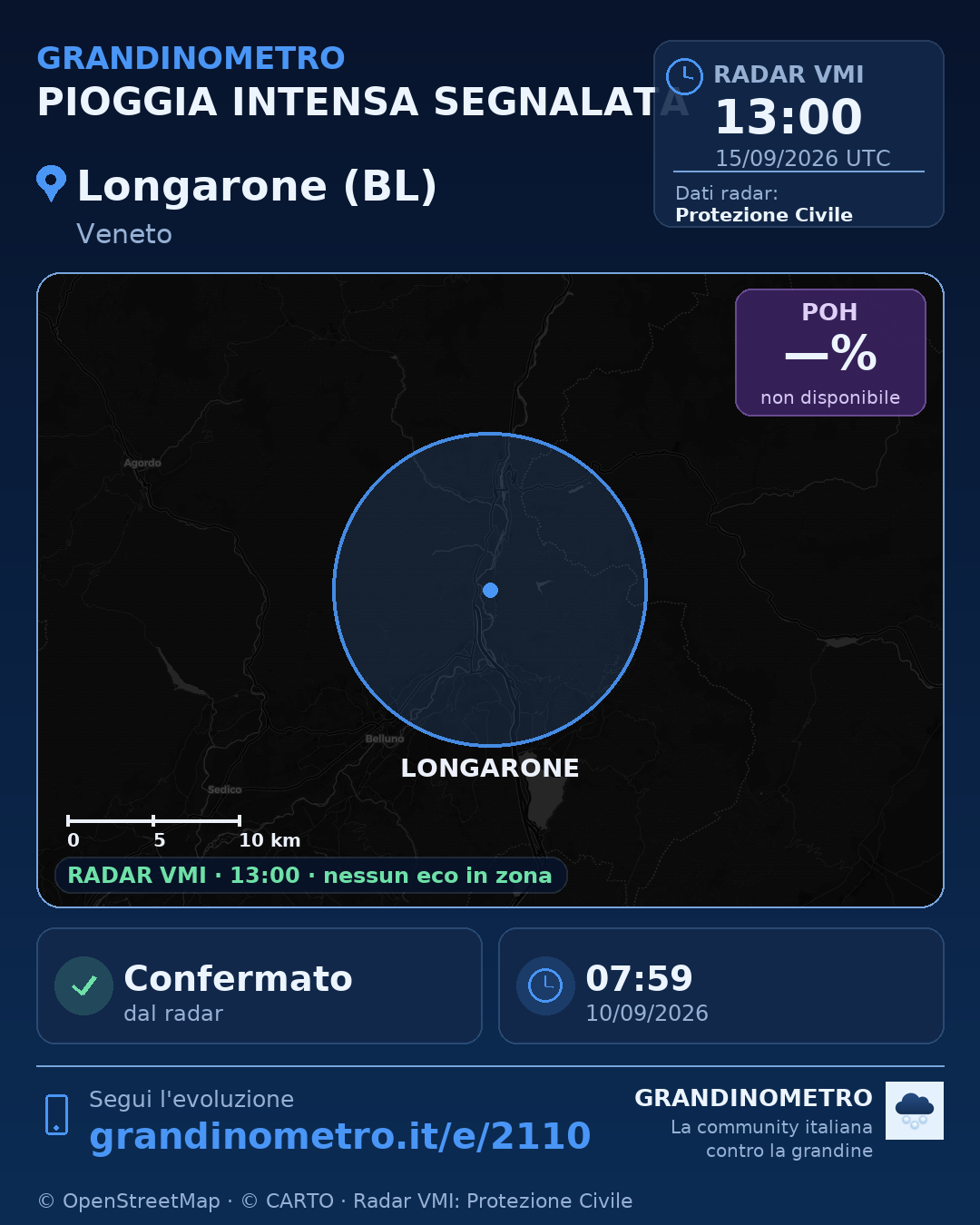 Mappa dell'evento: pioggia intensa a Longarone (BL)