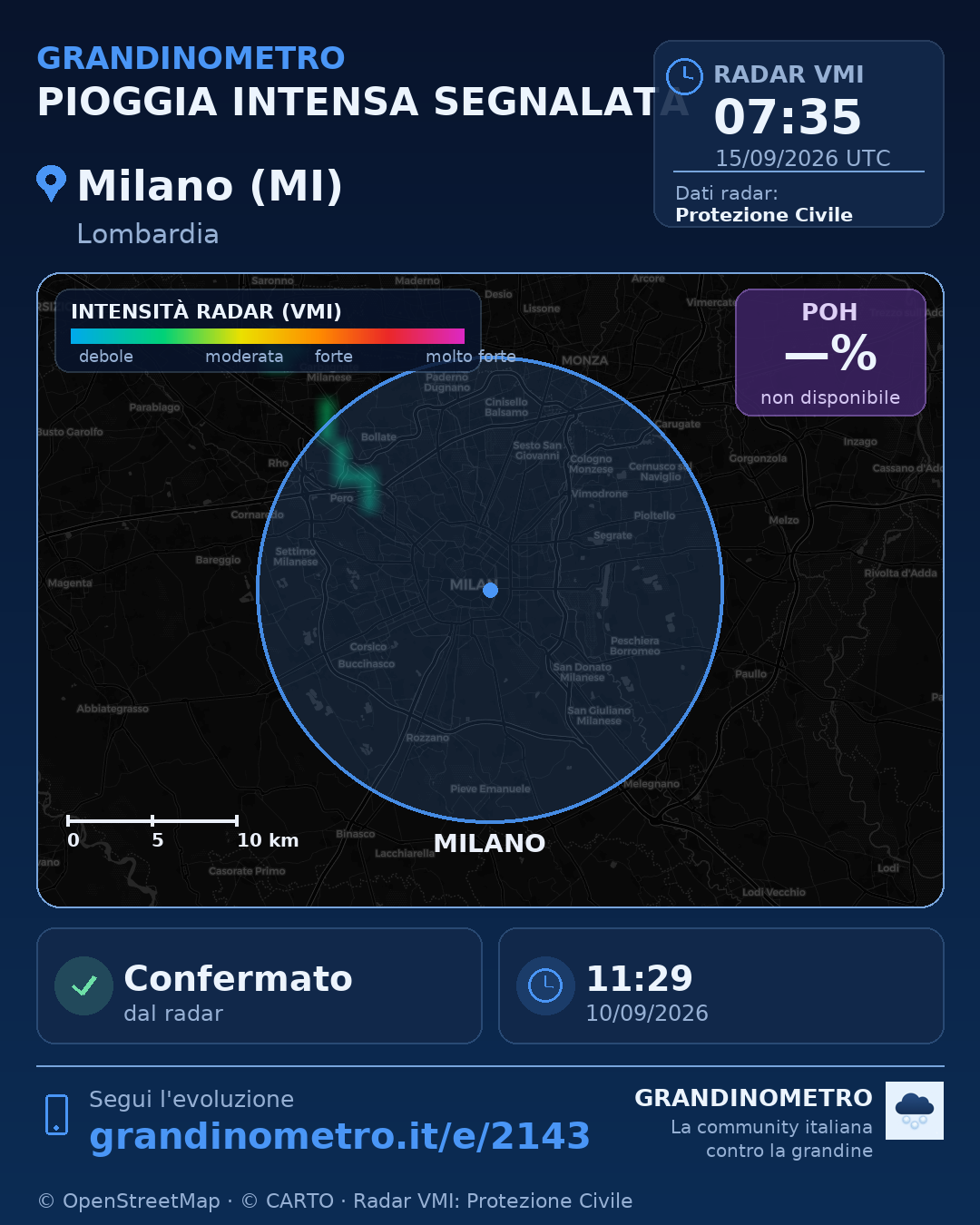 Mappa dell'evento: pioggia intensa a Milano (MI)