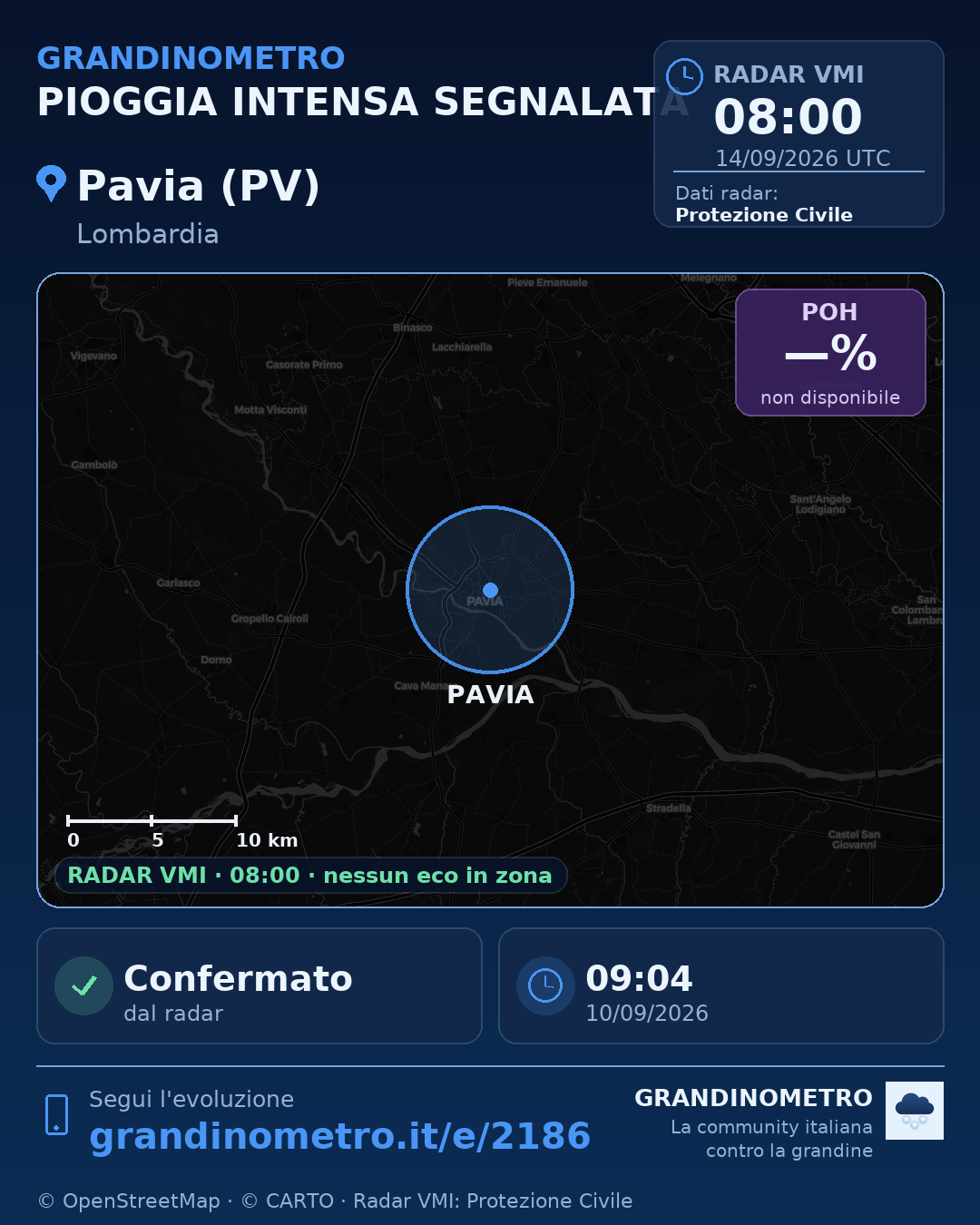 Mappa dell'evento: pioggia intensa a Pavia (PV)