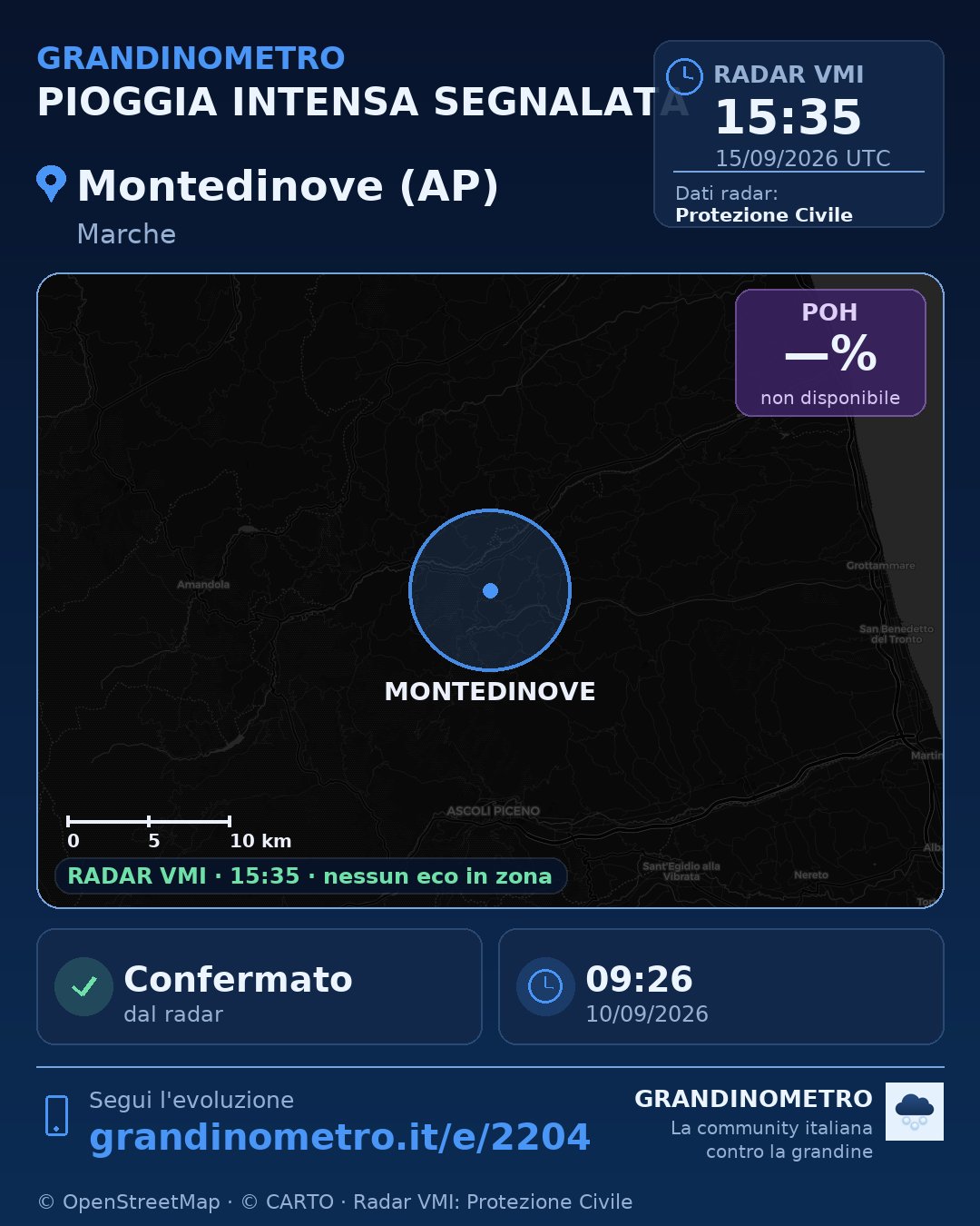 Mappa dell'evento: pioggia intensa a Montedinove (AP)