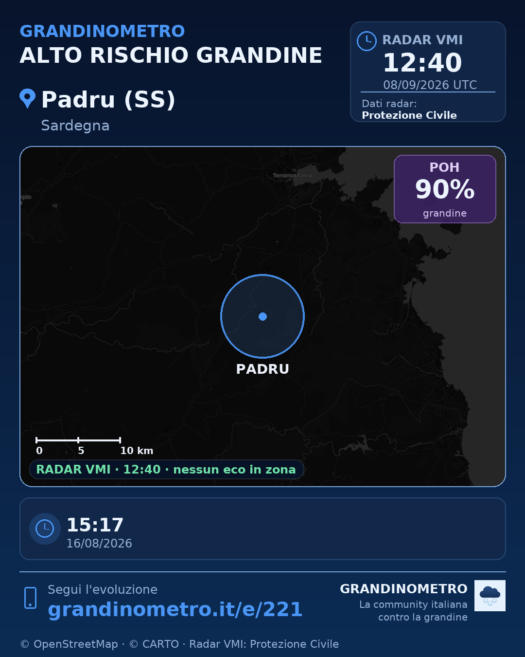 Mappa dell'evento: grandine a Padru (SS)