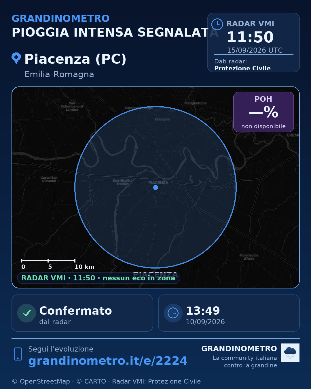 Mappa dell'evento: pioggia intensa a Piacenza (PC)