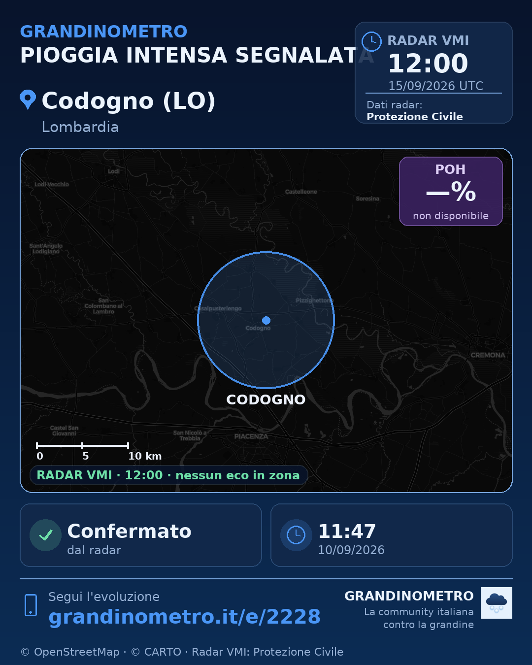 Mappa dell'evento: pioggia intensa a Codogno (LO)