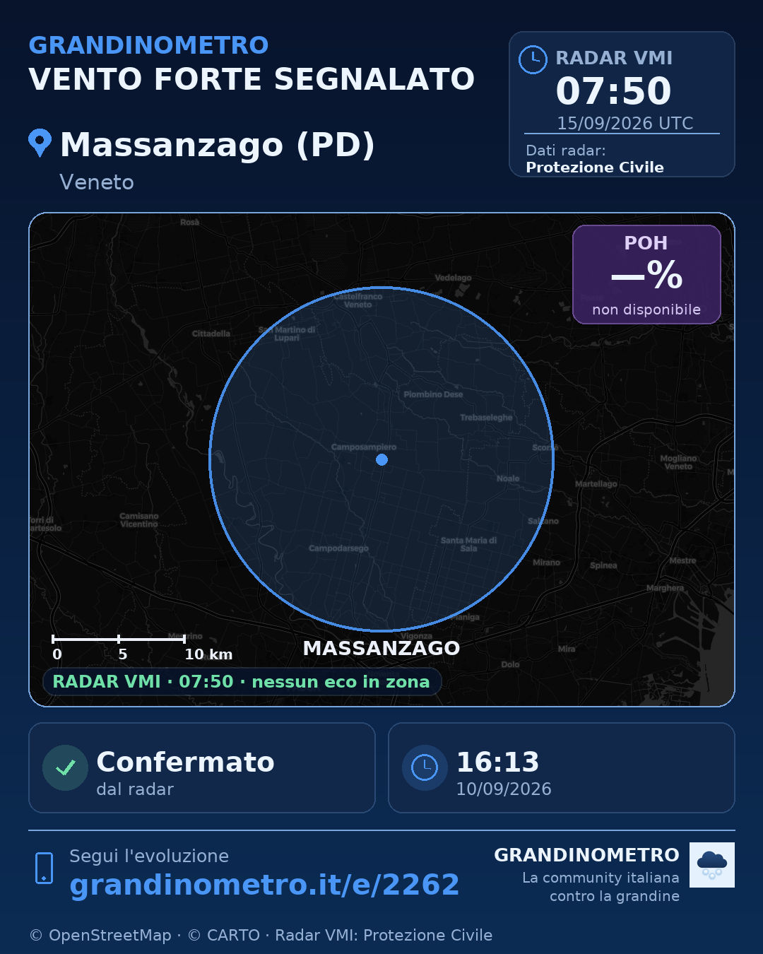 Mappa dell'evento: vento forte a Massanzago (PD)