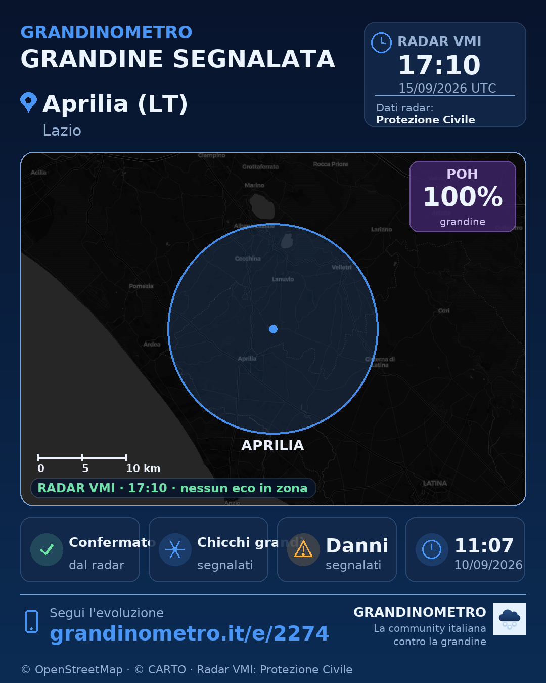 Mappa dell'evento: grandine ad Aprilia (LT)