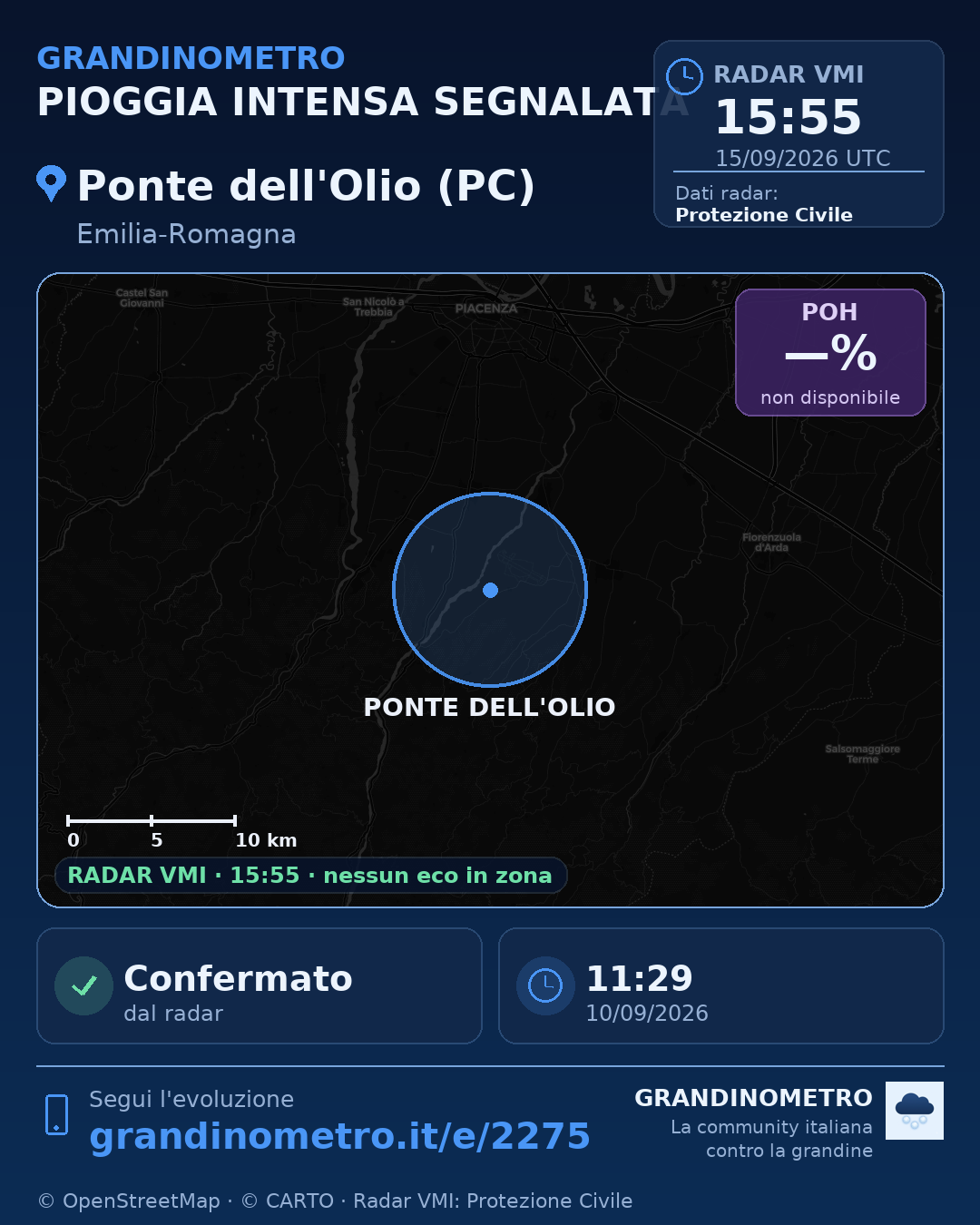Mappa dell'evento: pioggia intensa a Ponte dell'Olio (PC)