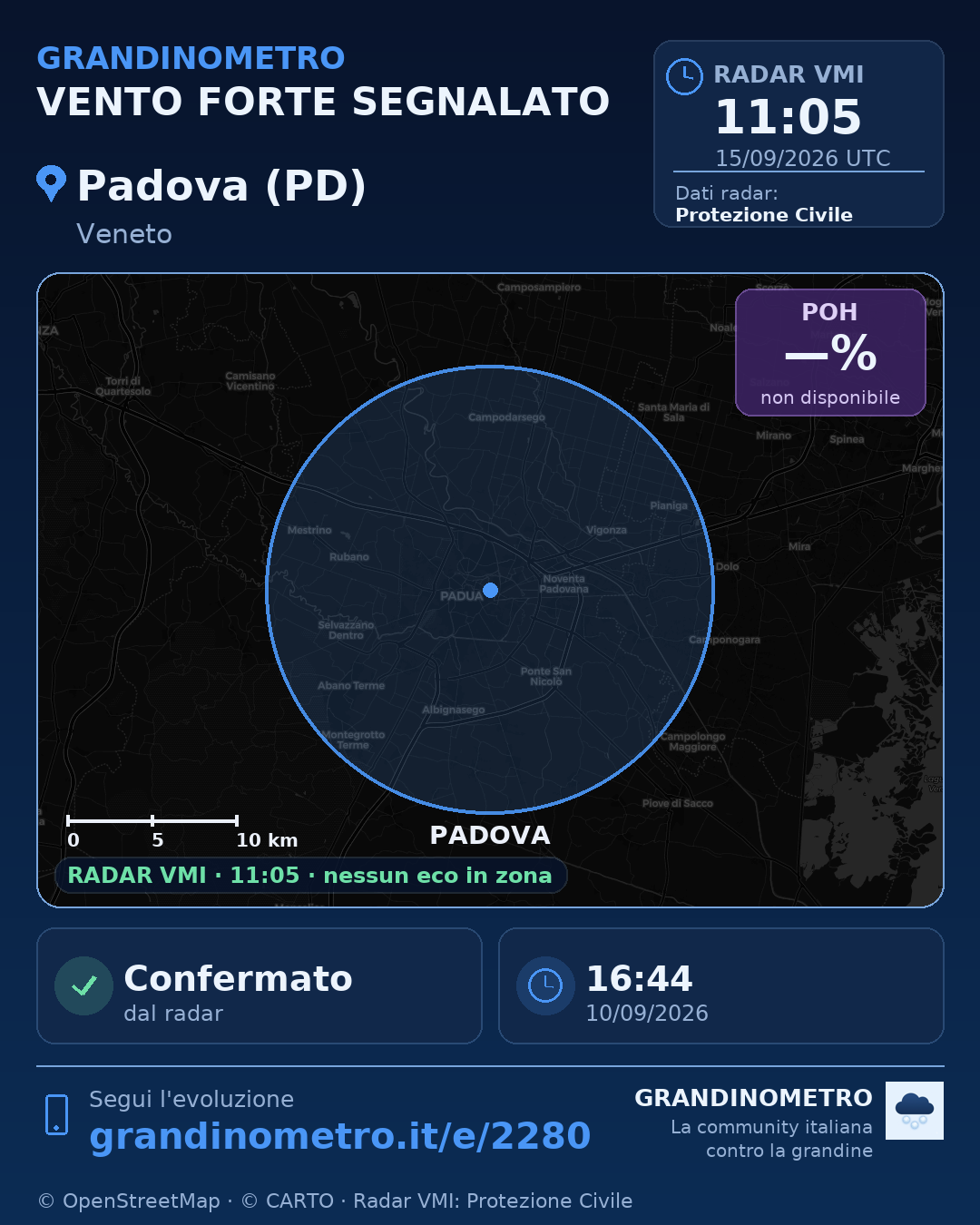 Mappa dell'evento: vento forte a Padova (PD)