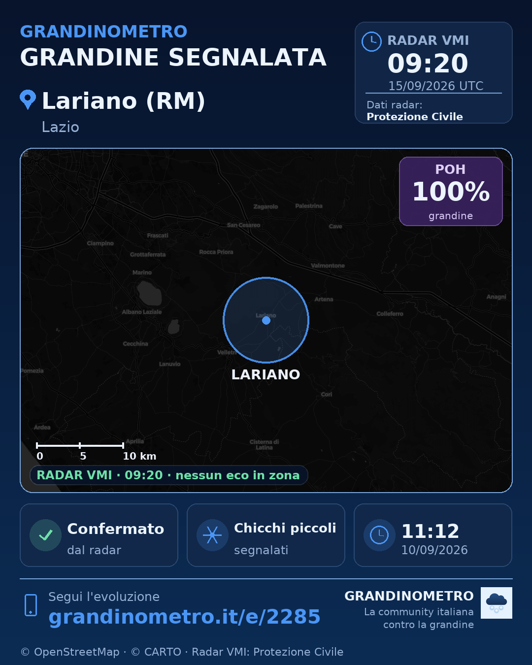 Mappa dell'evento: grandine a Lariano (RM)