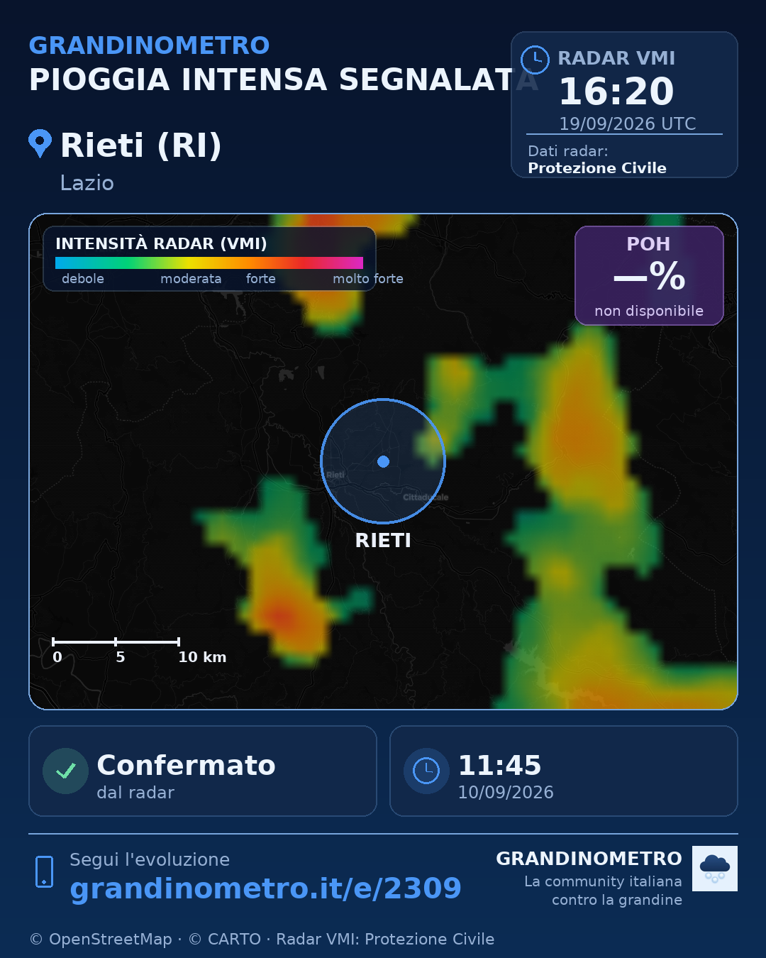 Mappa dell'evento: pioggia intensa a Rieti (RI)