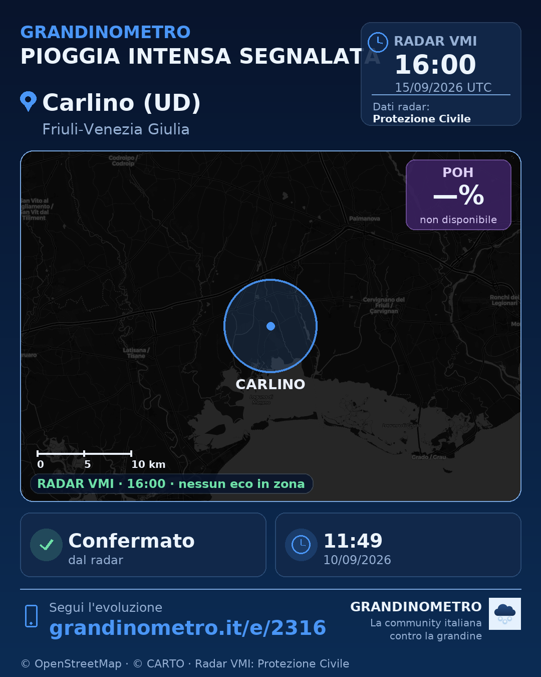 Mappa dell'evento: pioggia intensa a Carlino (UD)