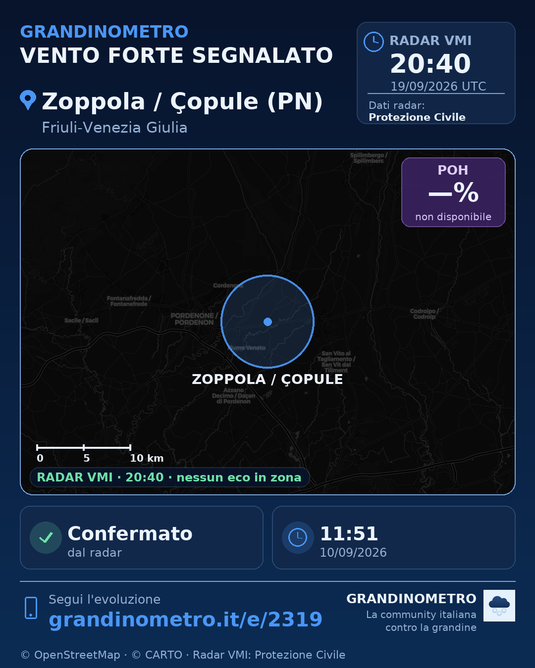Mappa dell'evento: vento forte a Zoppola / Çopule (PN)