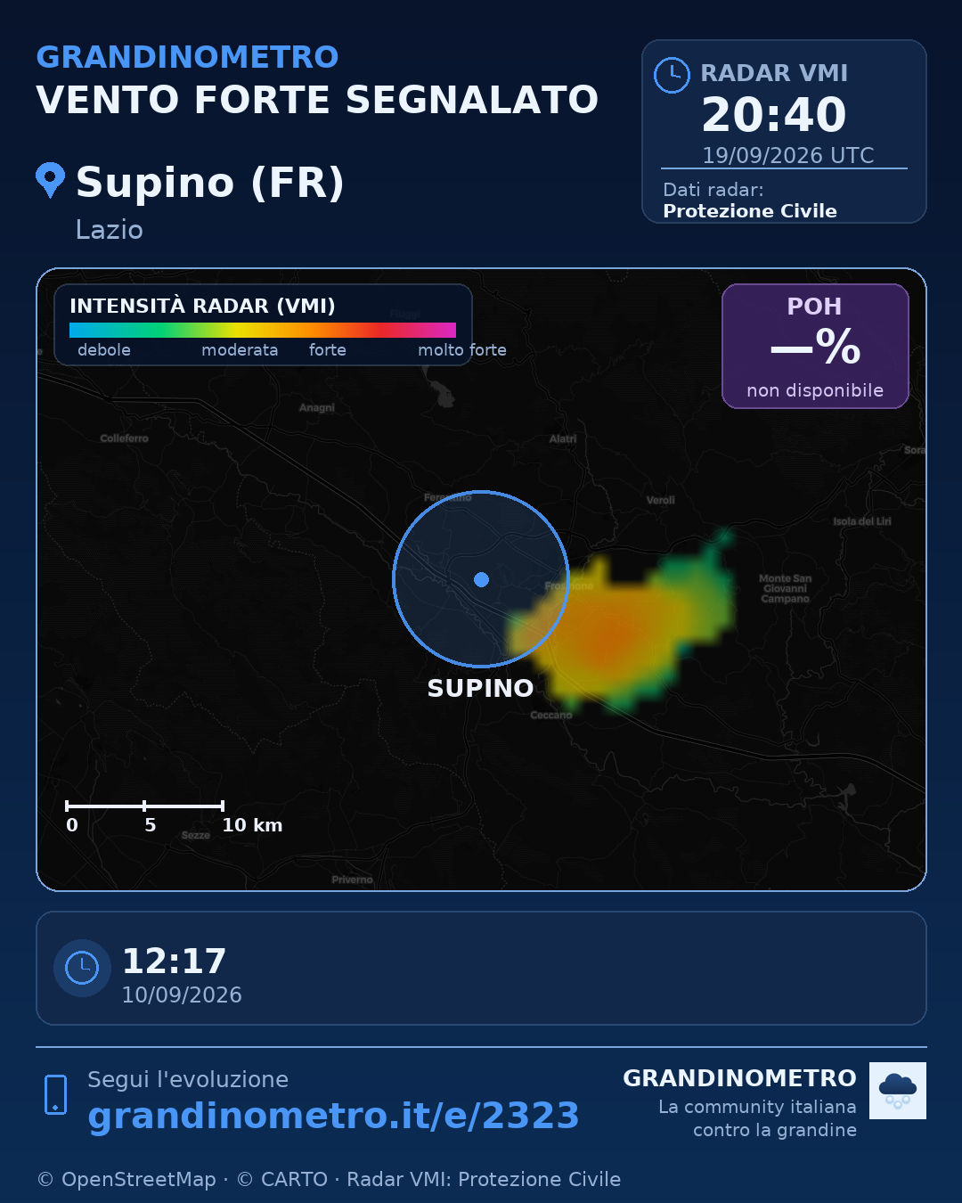 Mappa dell'evento: vento forte a Supino (FR)