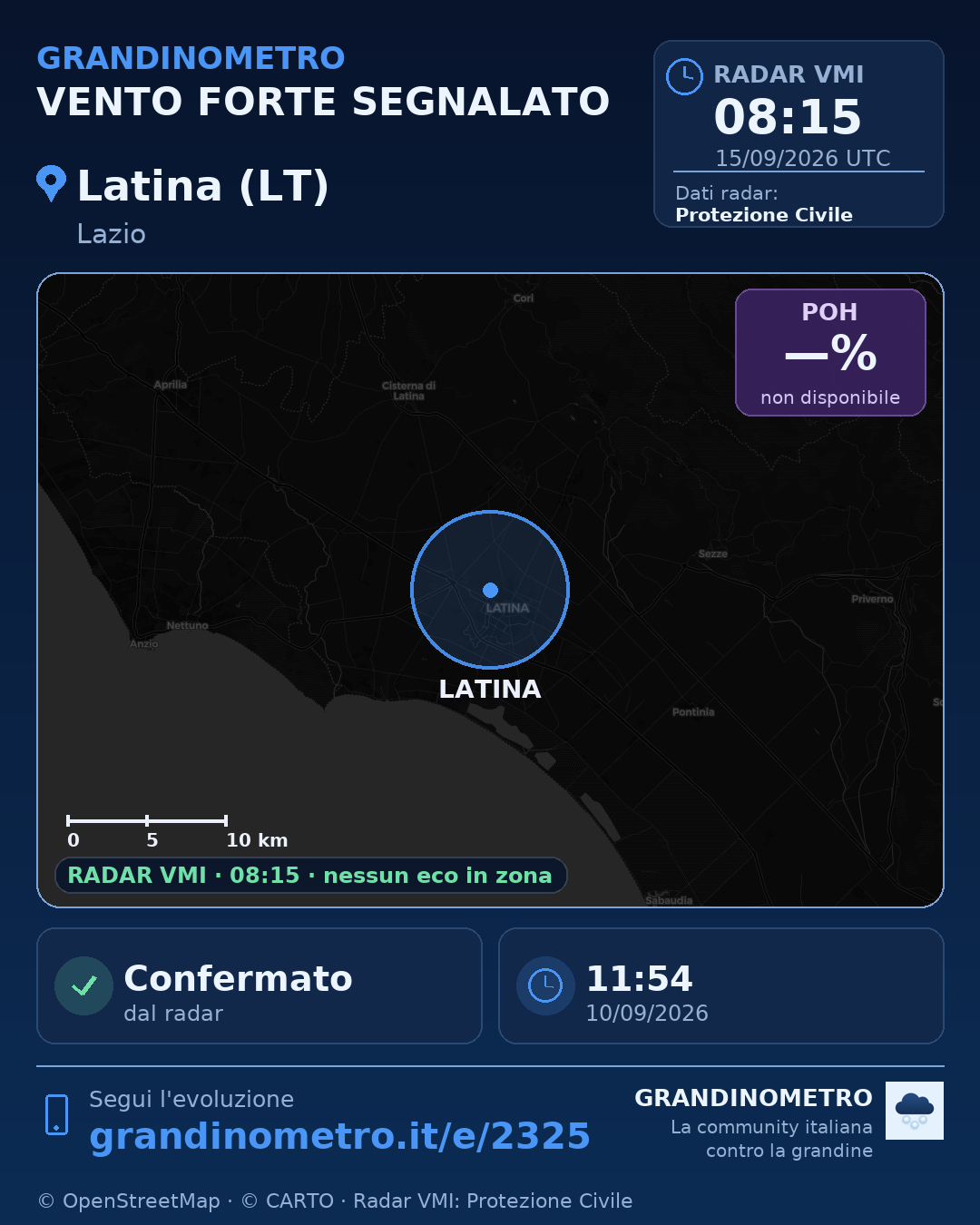 Mappa dell'evento: vento forte a Latina (LT)