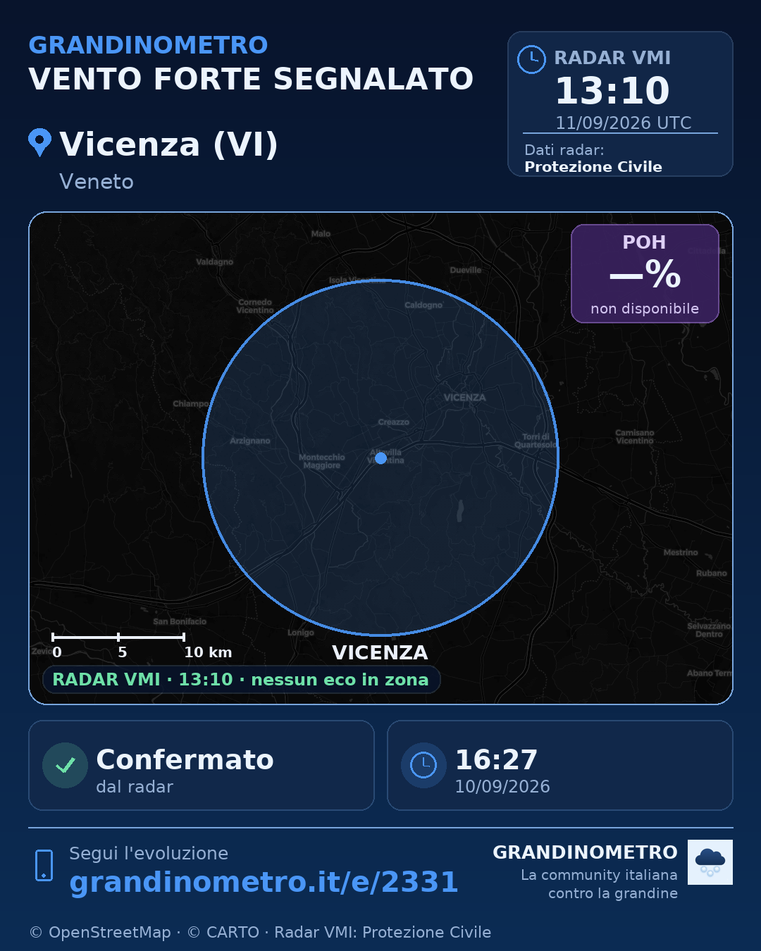 Mappa dell'evento: vento forte a Vicenza (VI)