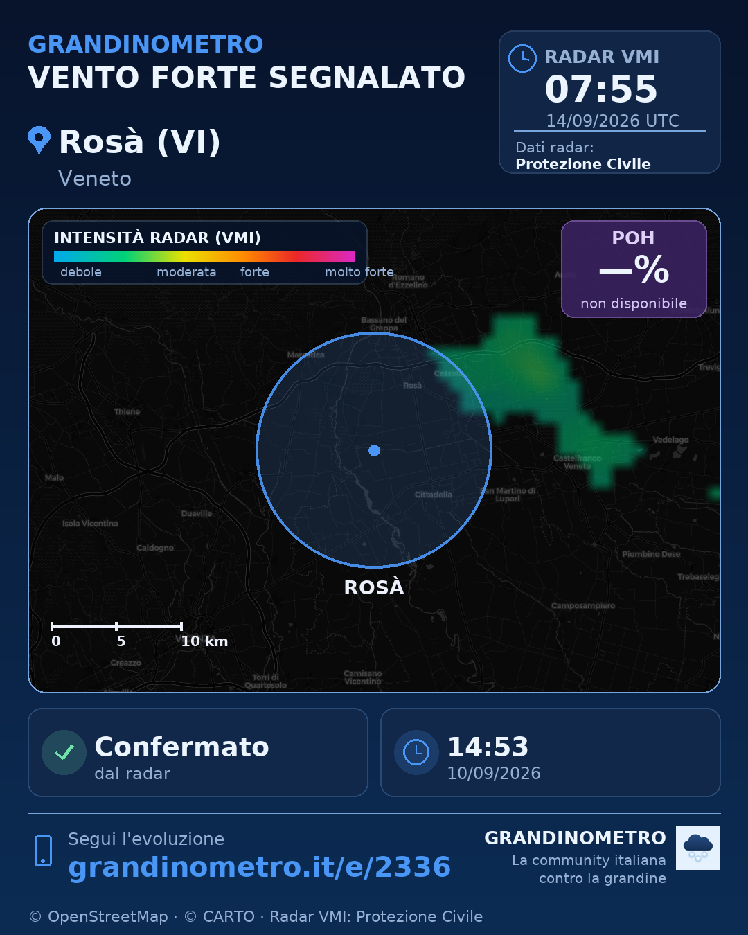 Mappa dell'evento: vento forte a Rosà (VI)
