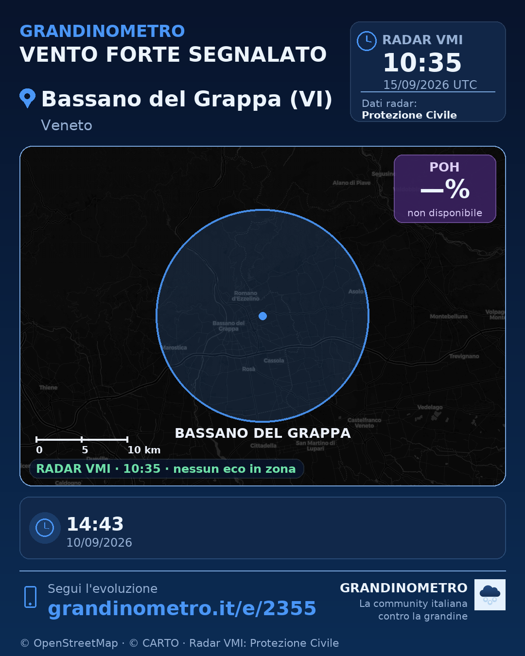 Mappa dell'evento: vento forte a Bassano del Grappa (VI)