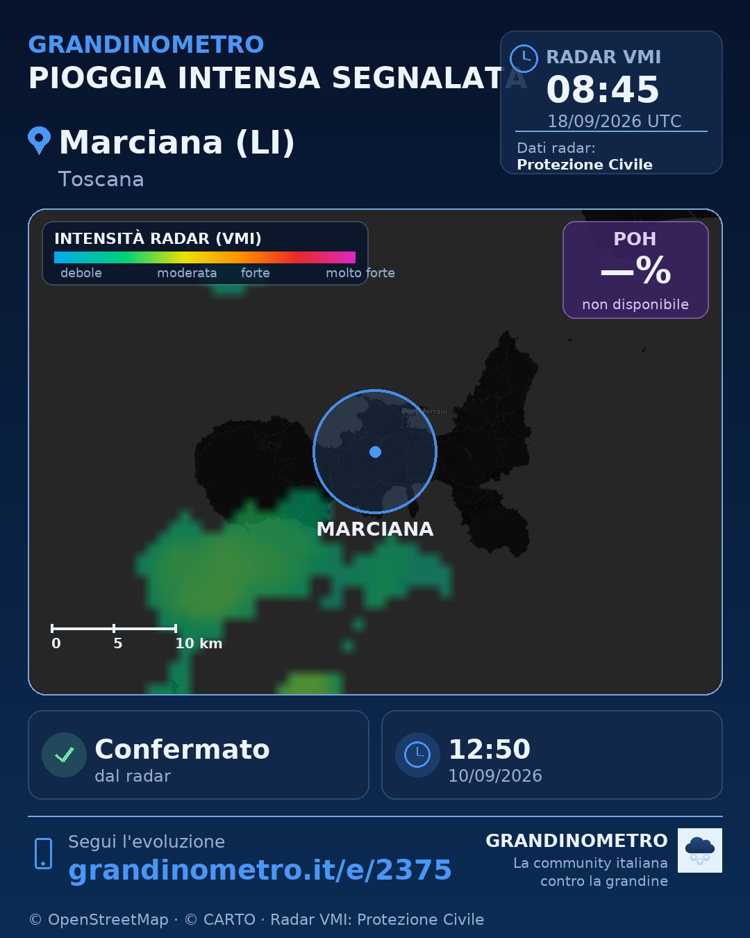 Mappa dell'evento: pioggia intensa a Marciana (LI)