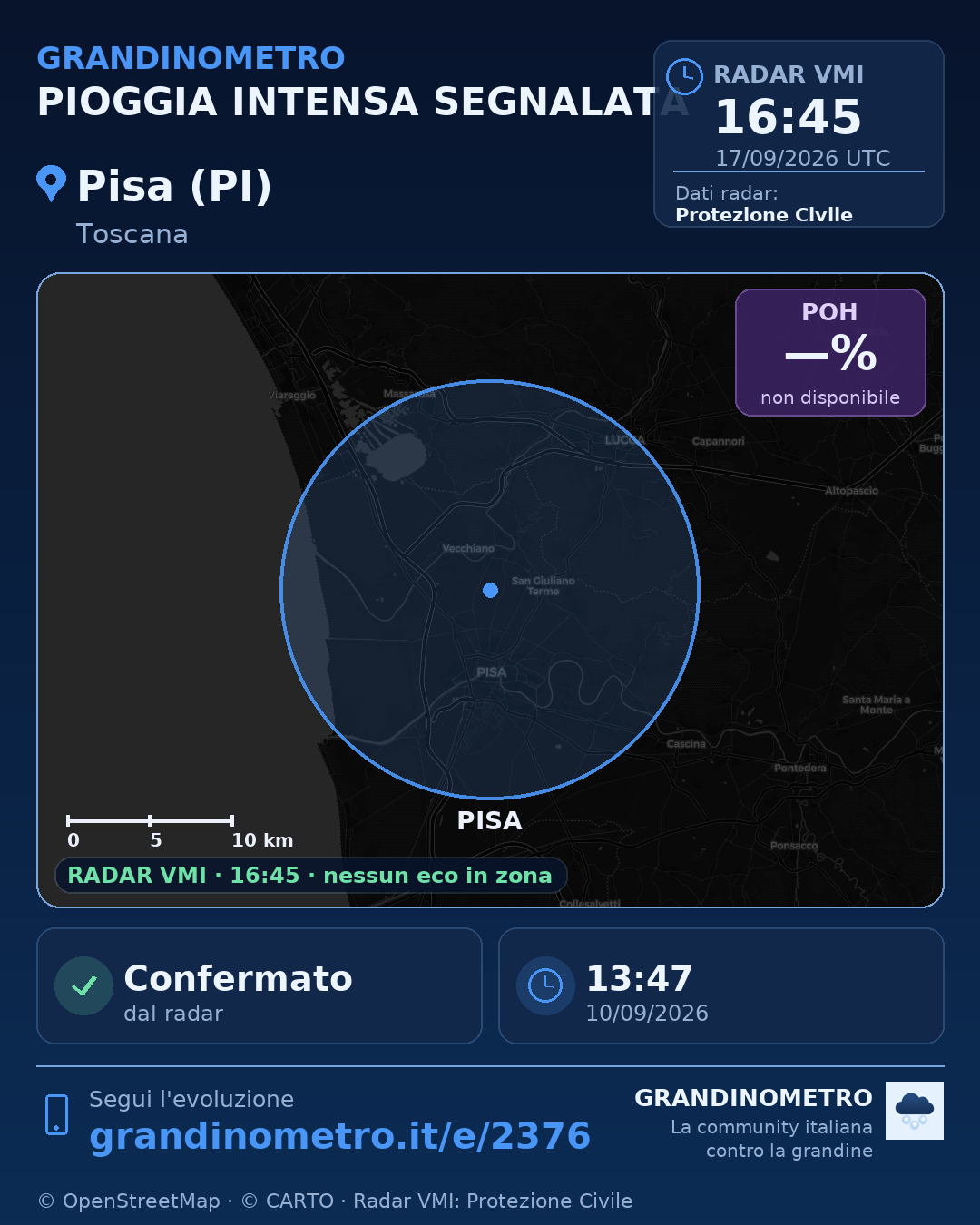 Mappa dell'evento: pioggia intensa a Pisa (PI)